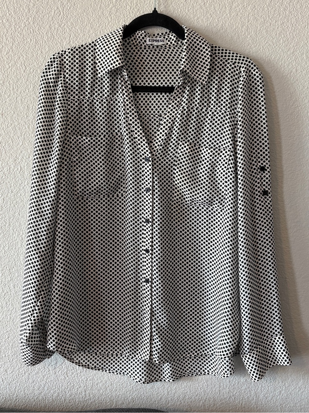 Express Portofino Black and White Polka Dot Button-Down Top